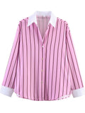 Oversized Striped Contrast Collar Button Down Shirt