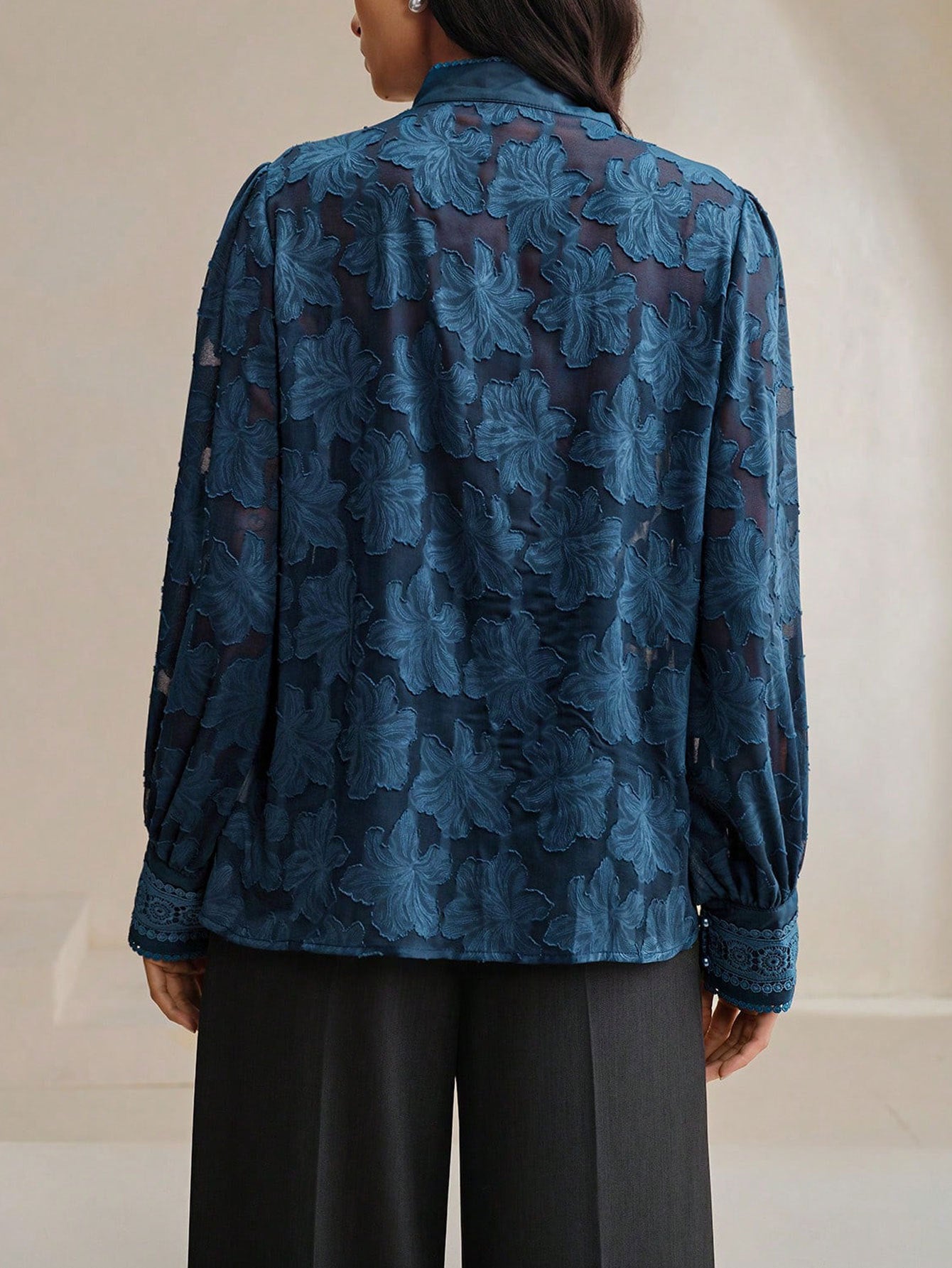 Sheer Floral Embroidered Button Down Shirt