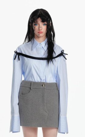 Bow Detail Striped Button Down Shirt