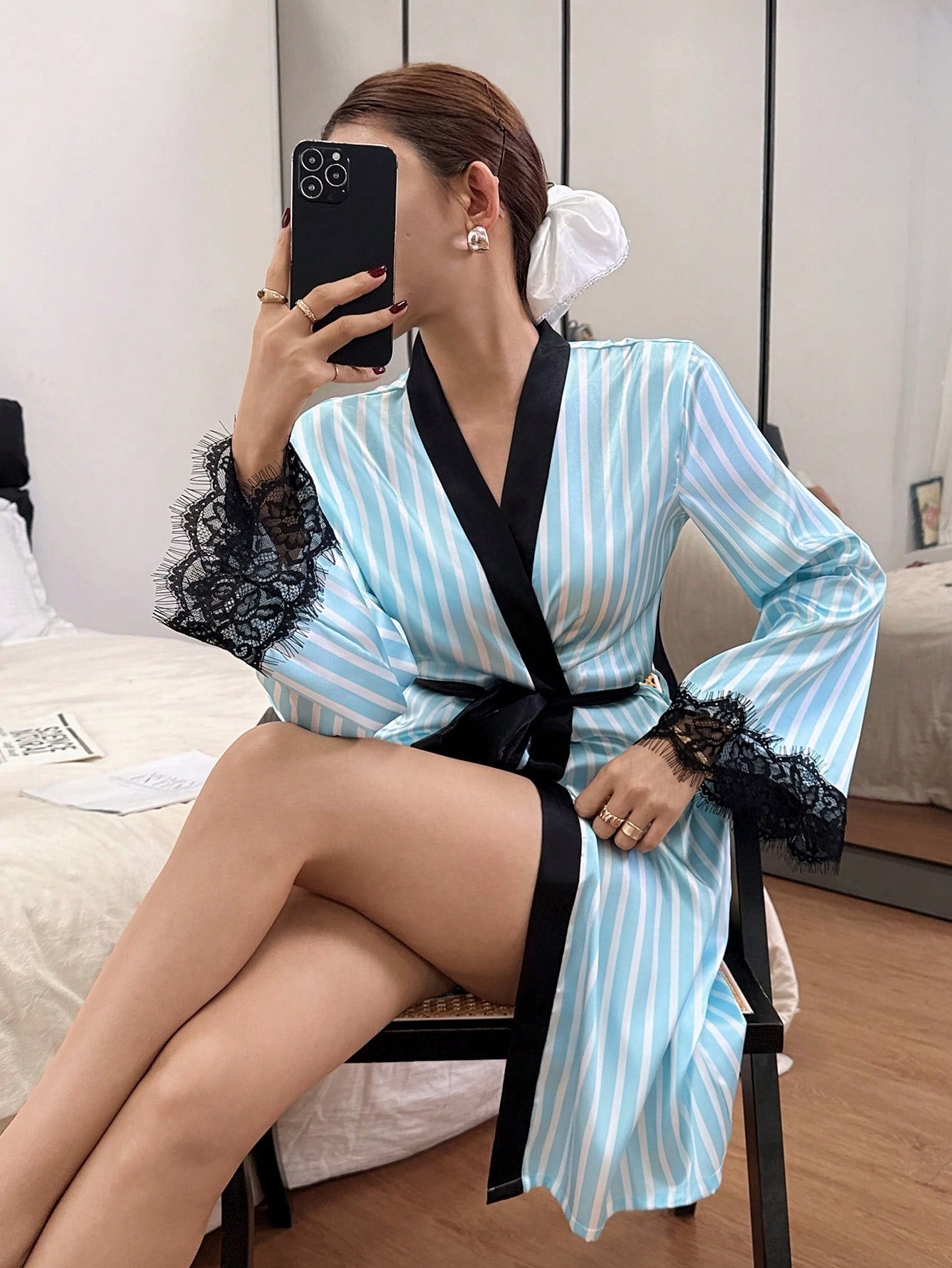 Sexy Satin Lace Trim Striped Robe