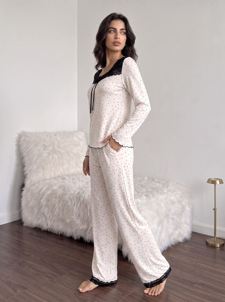 Lace Trim Polka Dot Pajama Set