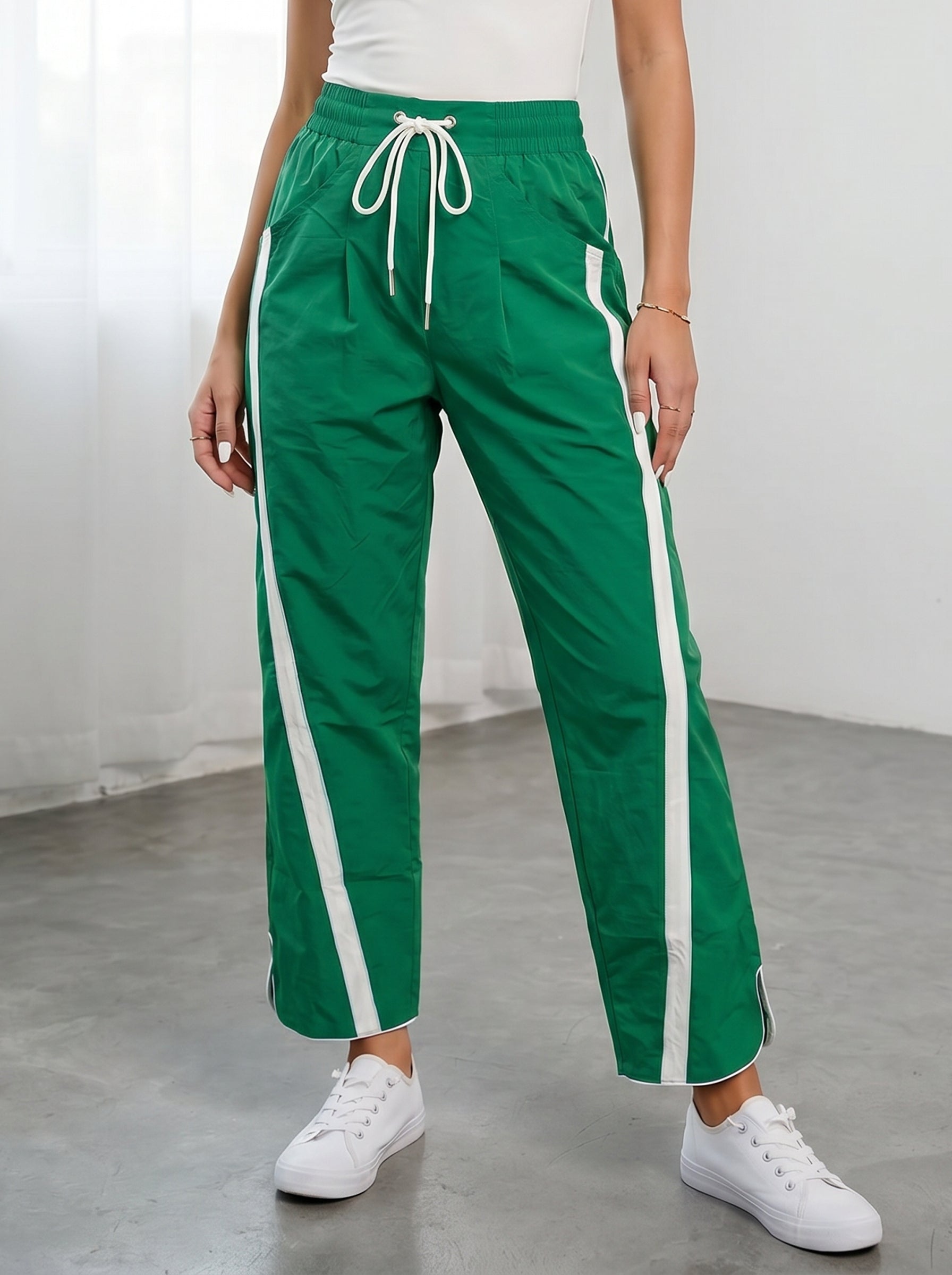 High Waisted Drawstring Side Stripe Pants