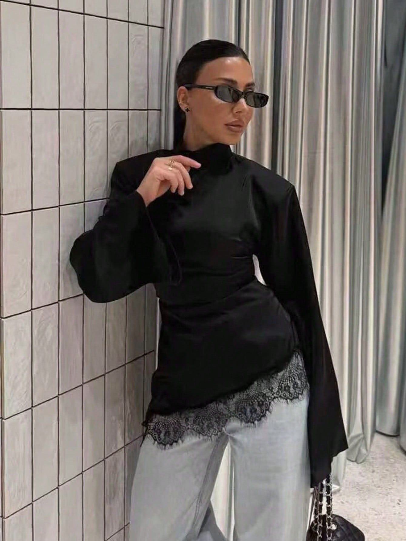 Asymmetric Lace Trim Mock Neck Top
