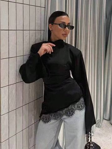Asymmetric Lace Trim Mock Neck Top