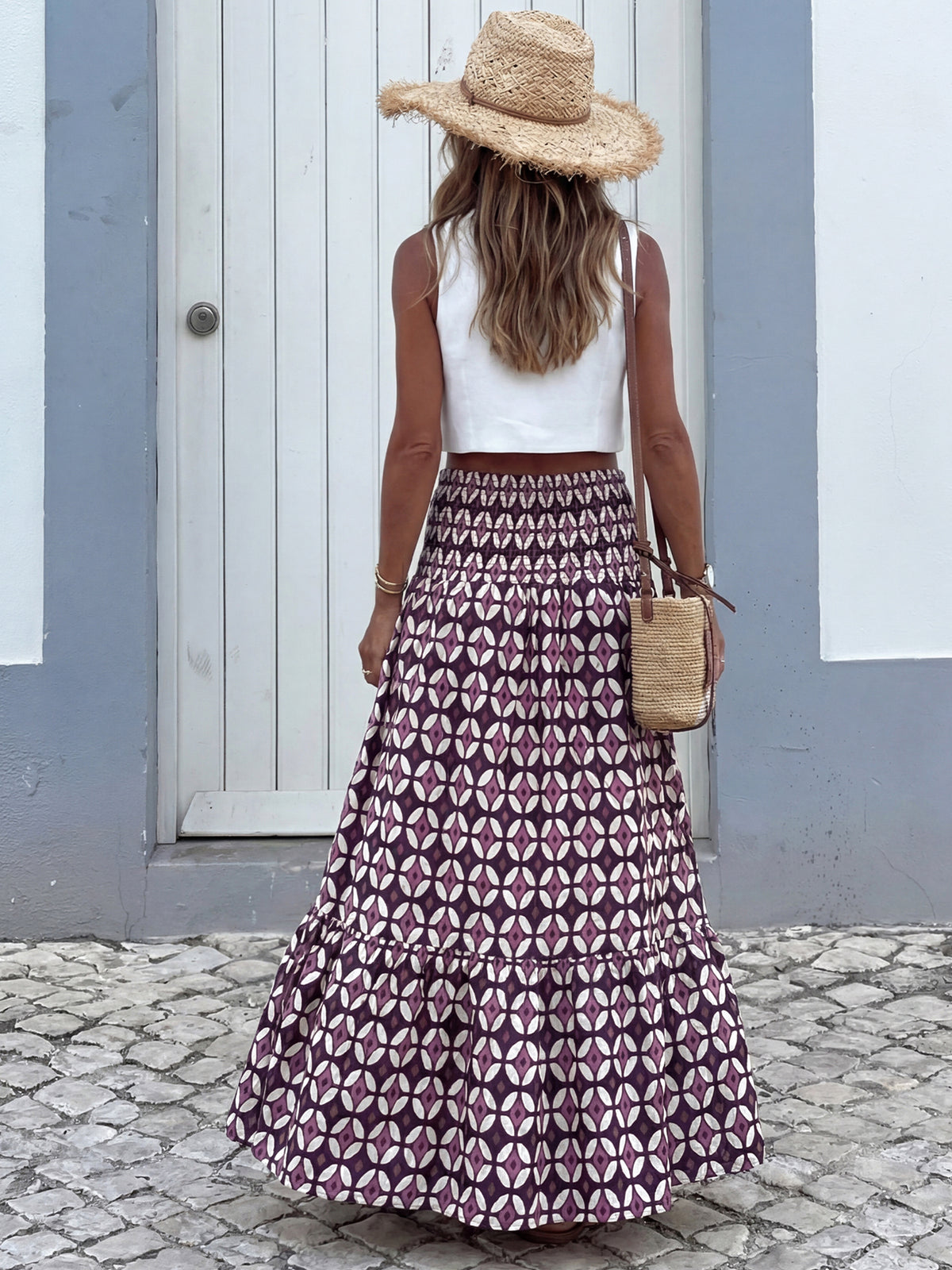 Boho Printed Smocked Waist Maxi Skirt