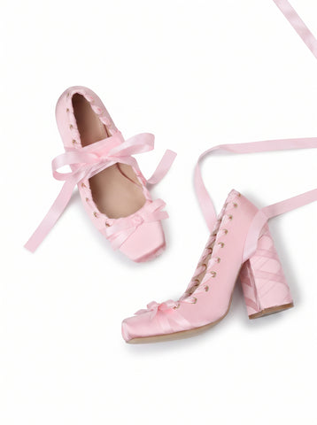 Satin Lace Up Block Heels