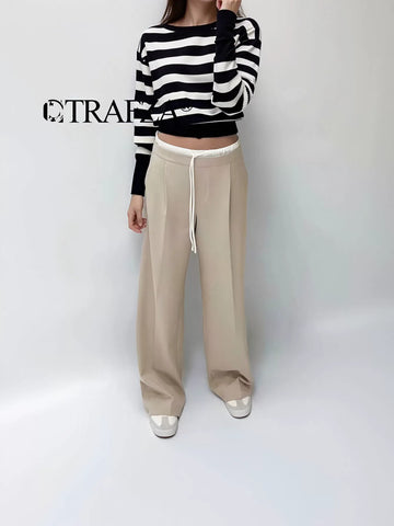 High Waisted Drawstring Wide Leg Pants