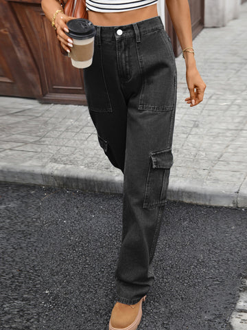 High Waisted Black Cargo Jeans