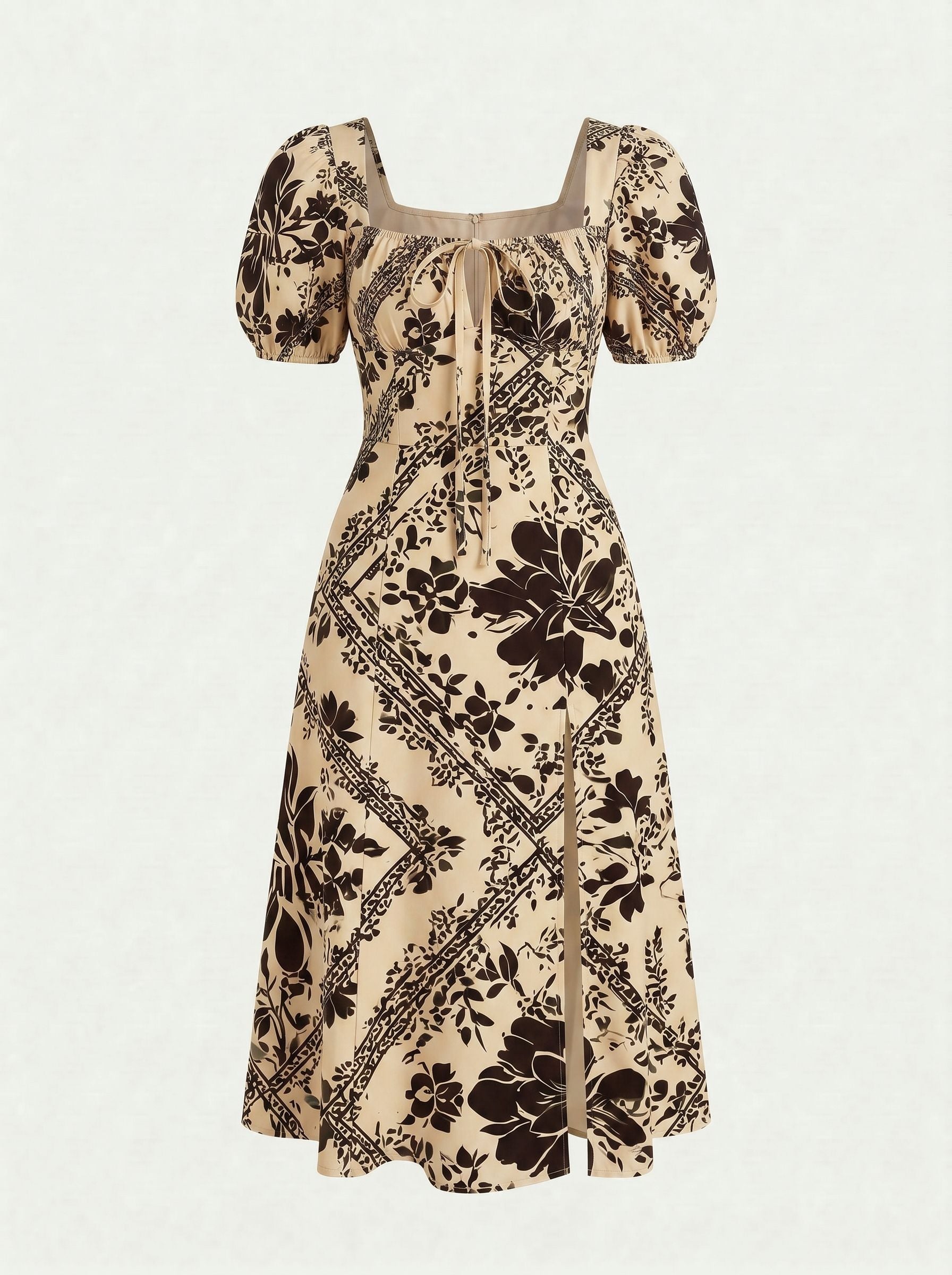 Floral Print Puff Sleeve Tie MidiDress