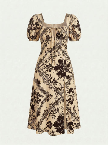 Floral Print Puff Sleeve Tie MidiDress