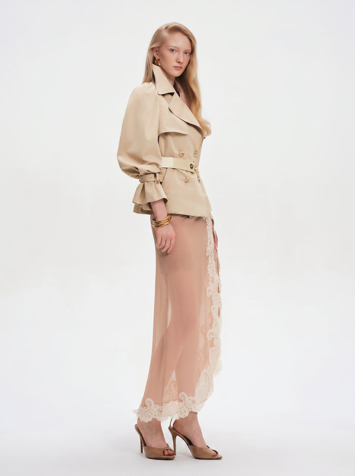 Puff Sleeve Belted Cropped Trench Coat