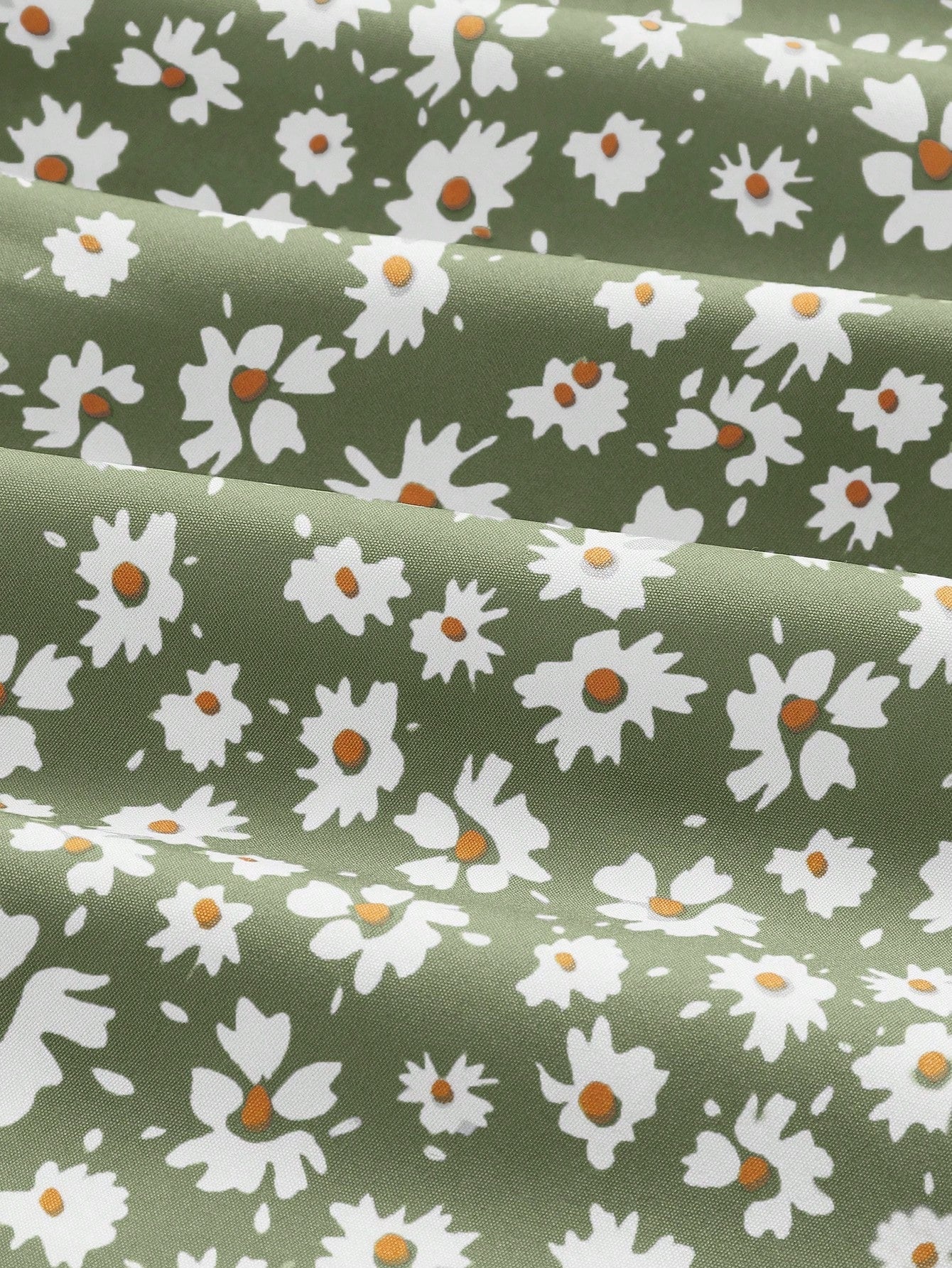 Daisy Print High-Waisted Side Drawstring Casual Midi Skirt-Green