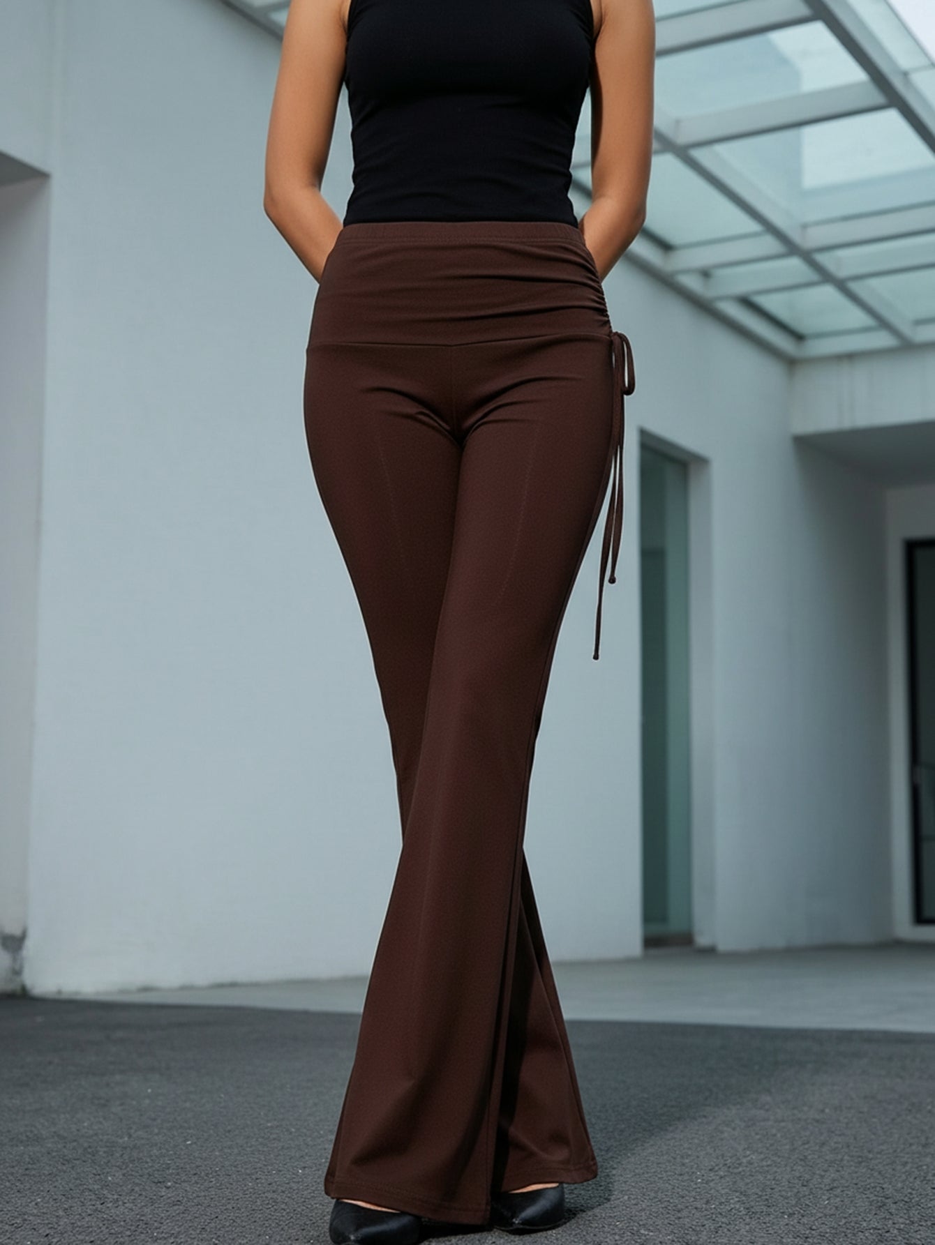 High-Waisted Drawstring Flare Pants-Multicolor