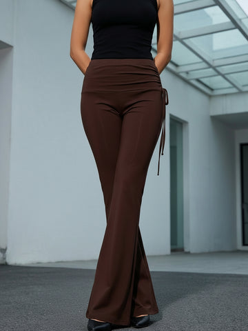 High-Waisted Drawstring Flare Pants-Multicolor