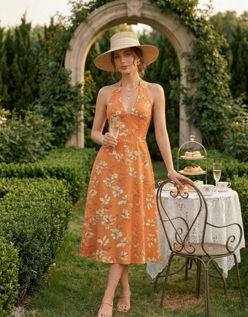 AURELIA Floral Print Halter Neck Tie Back Midi Dress