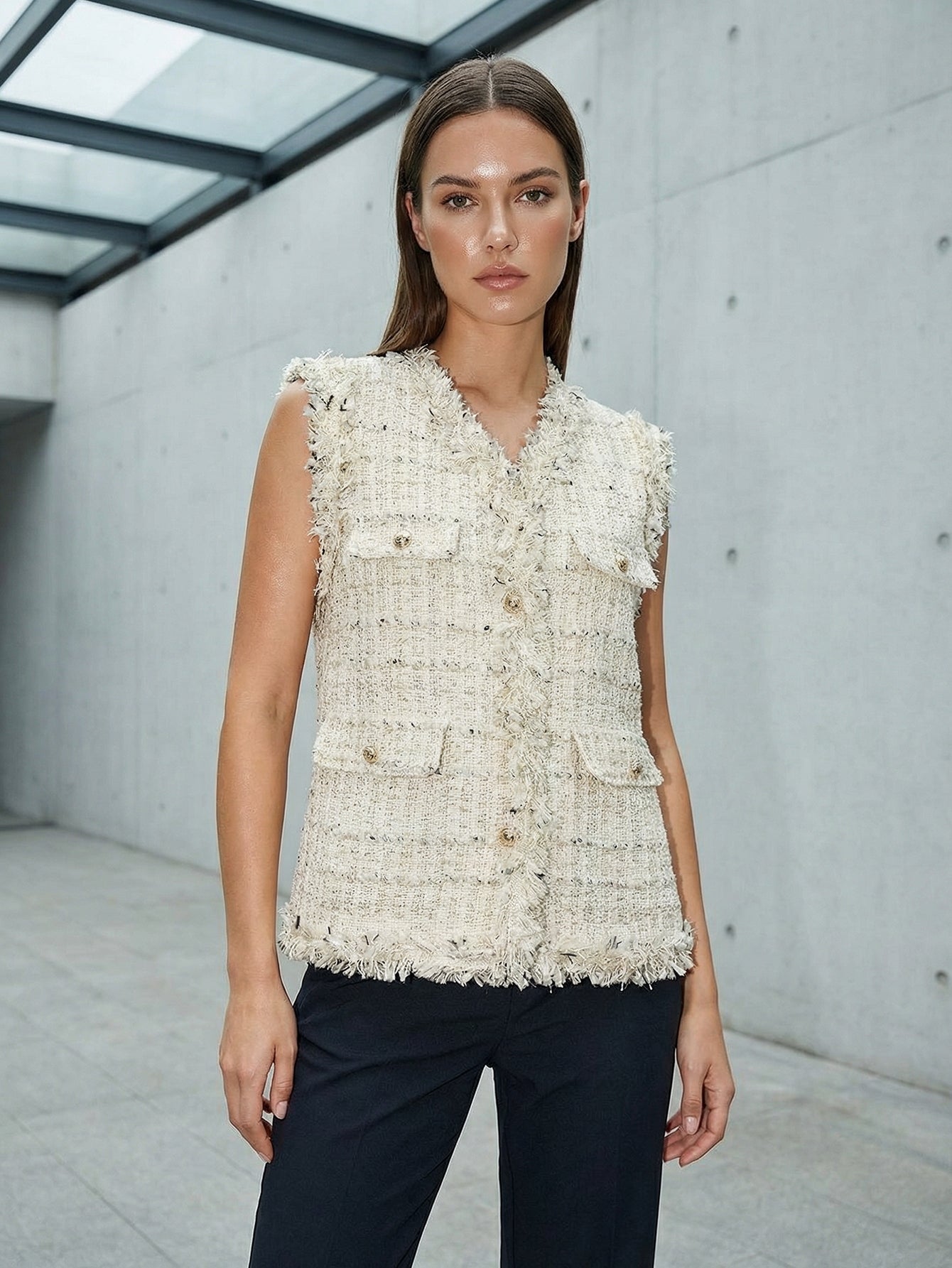 Urban Revivo V-Neck Flap Pocket Raw Hem Tweed Vests-Off White