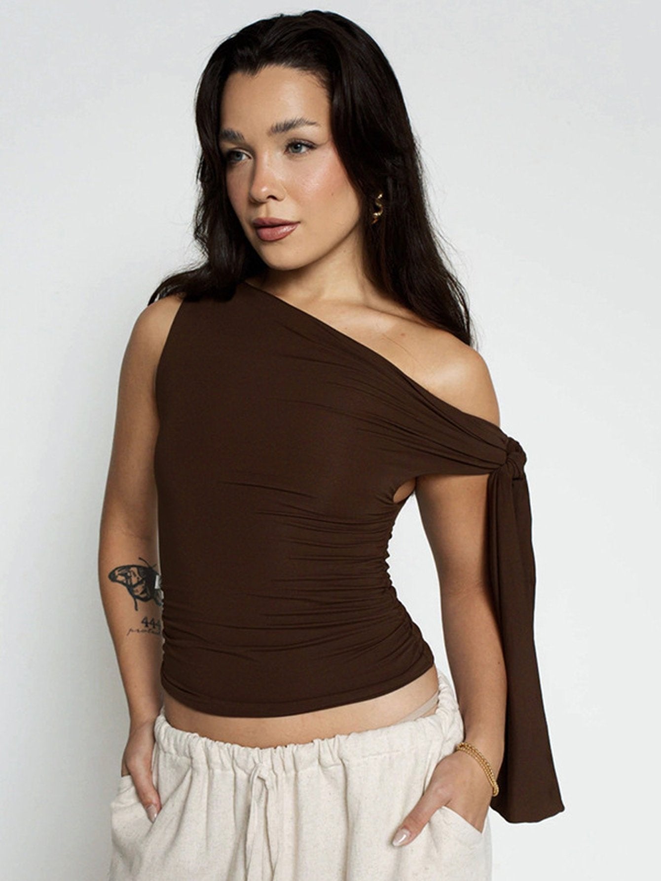 Elegant One Shoulder Tie Detail T-Shirt