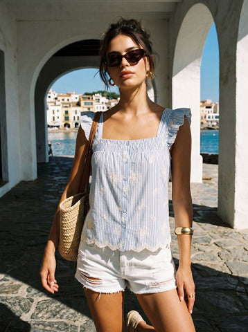 Embroidered Ruffle Sleeve Striped Tank Top