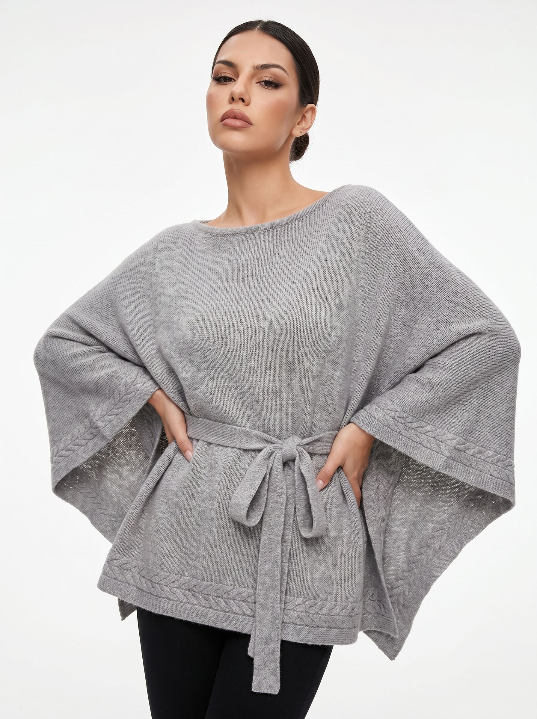 Oversized Belted Knit Poncho Sweater