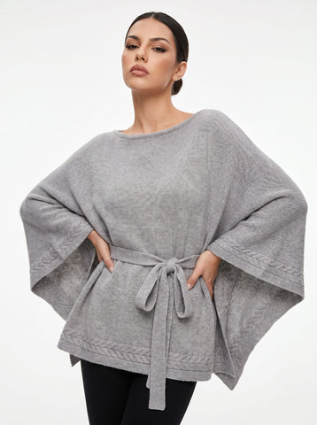 Oversized Belted Knit Poncho Sweater