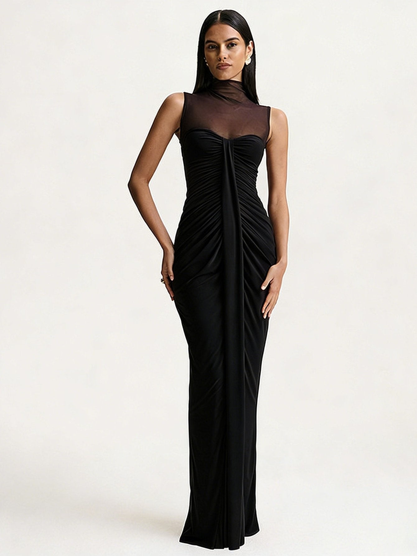 Mesh Mock Neck Ruched Maxi Dress