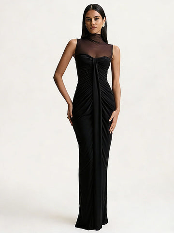 Mesh Mock Neck Ruched Maxi Dress