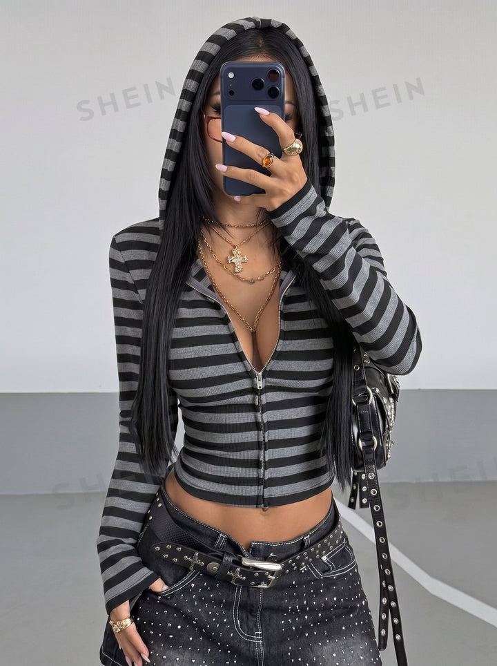 Cropped Striped Zip Up Hoodie