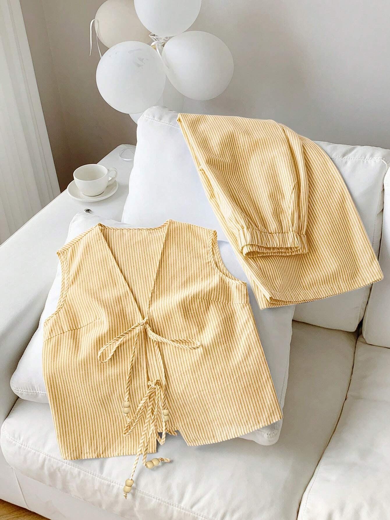 Drawstring Sleeveless Top Wide-Leg Pants Casual Set-Yellow