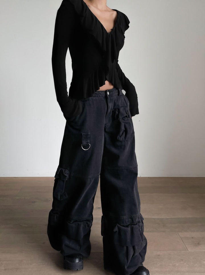 Ruffled V Neck Long Sleeve Pullover
