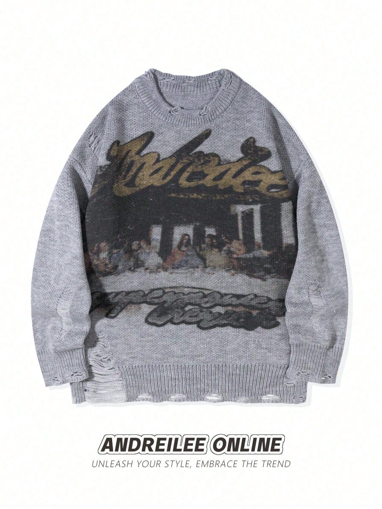 Distressed Graphic Print Oversized Sweater