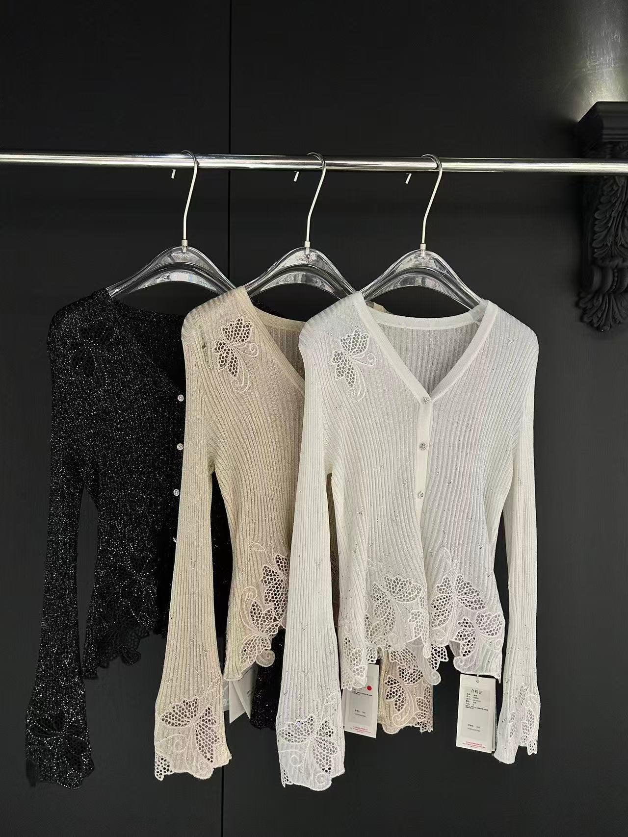 Shimmering Lace Trim Ribbed Cardigan