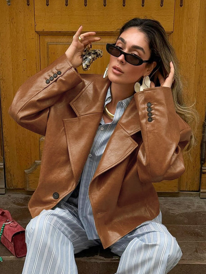 Oversized Brown Faux Leather Blazer Jacket