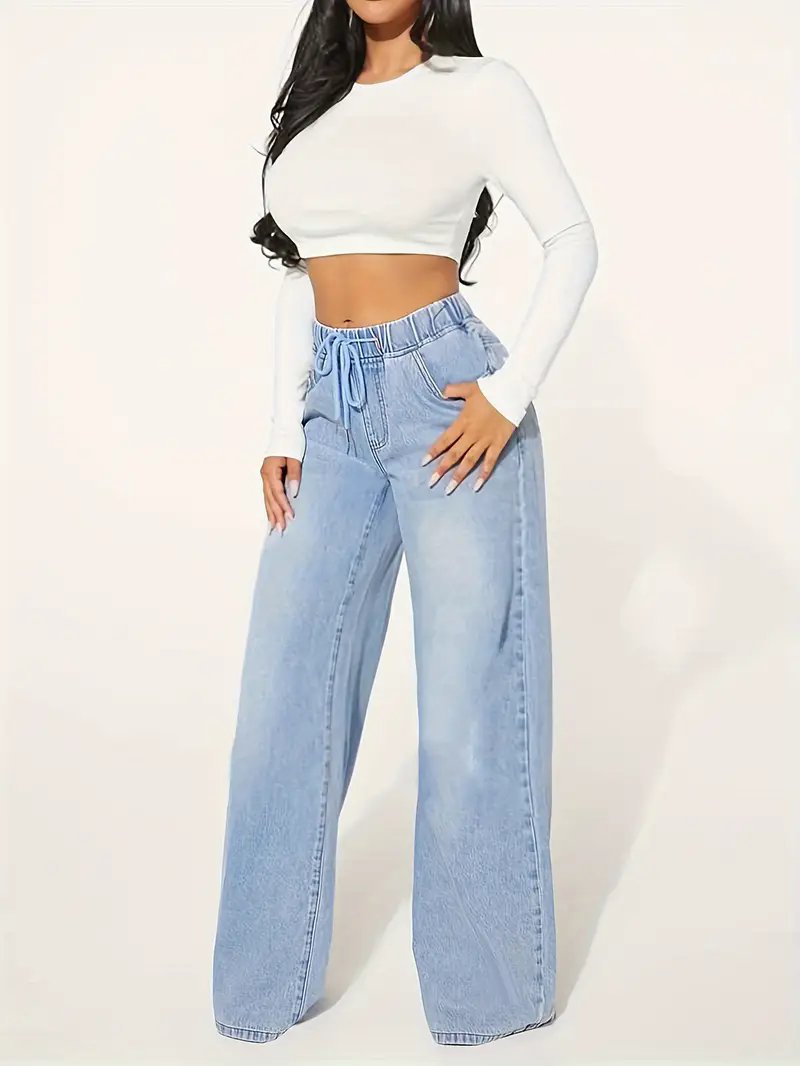 High Waisted Drawstring Wide Leg Jeans