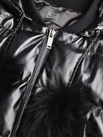Cropped Faux Leather Puffer Jacket