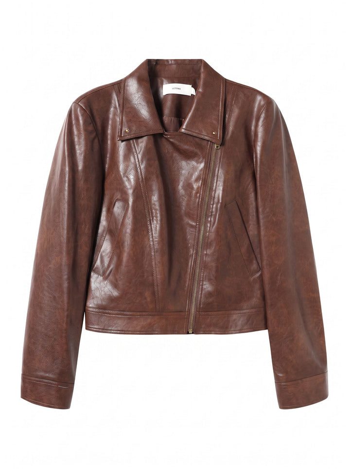 Classic Brown Cropped Faux Leather Jacket