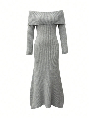 Off Shoulder Ribbed Knit Maxi Dress