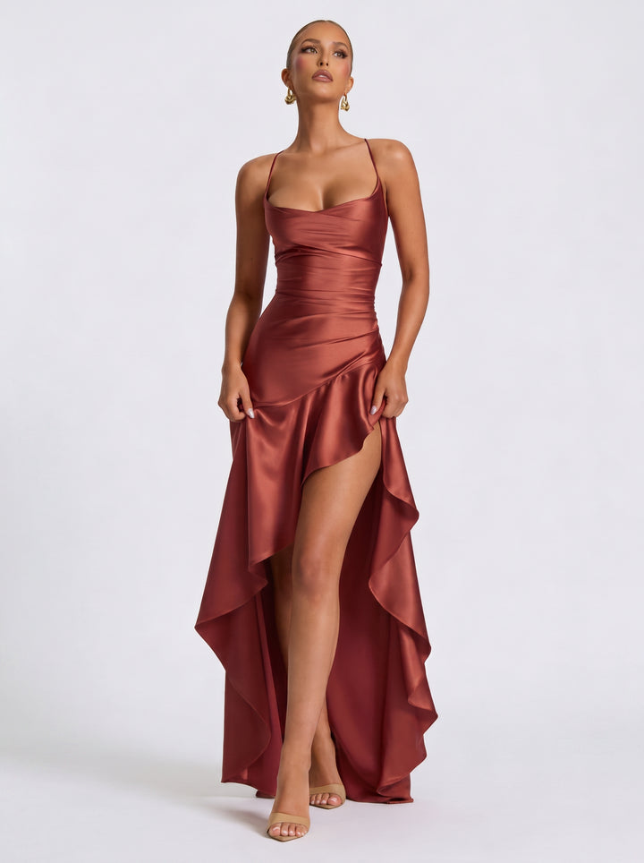 Satin Ruched High Slit Maxi Dress