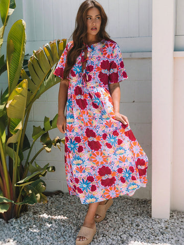 Tie Neck Pocket Detail Midi Dress