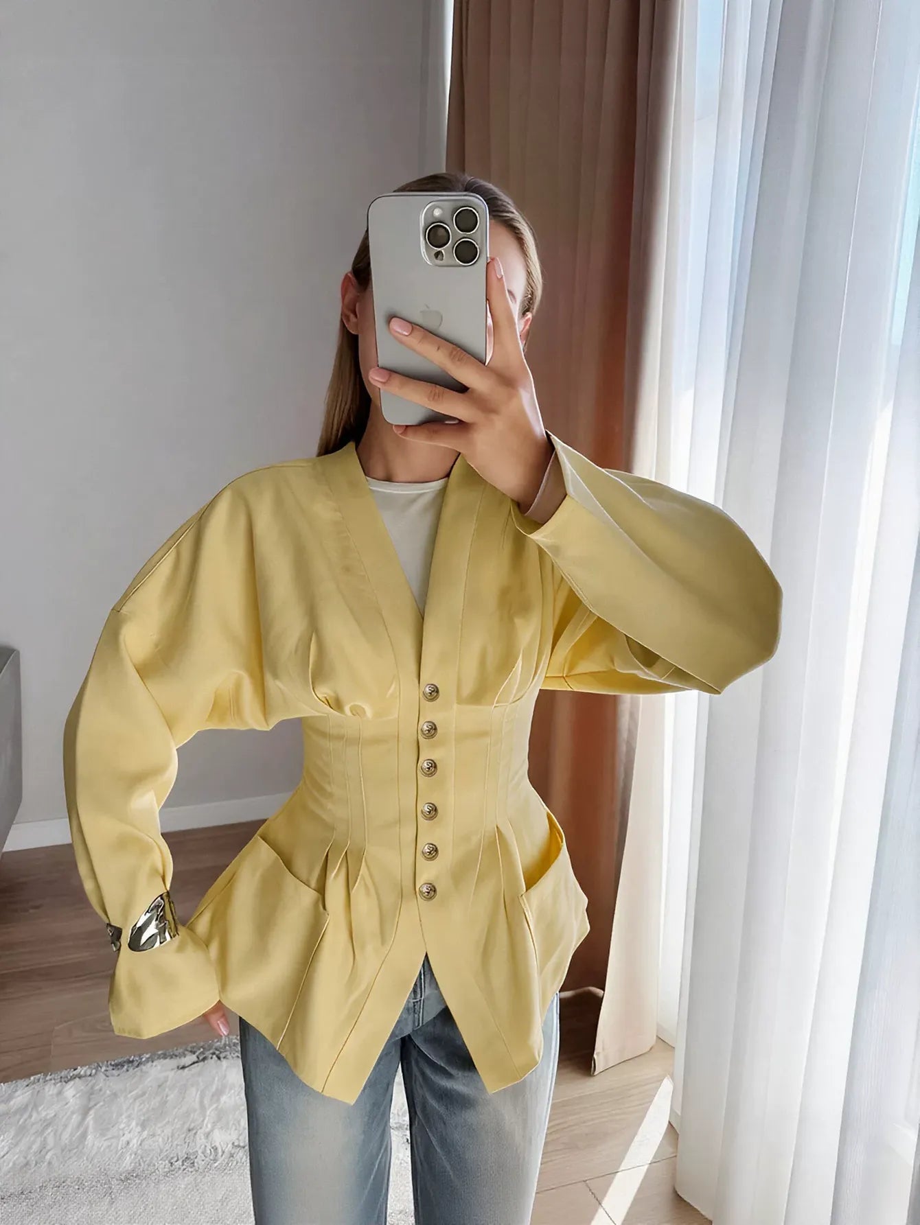 Corset Waist Button Down Jacket