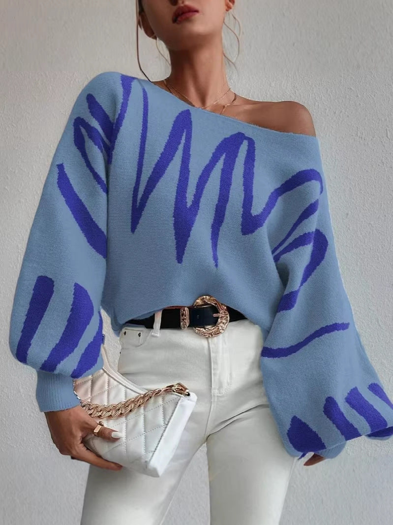Off Shoulder Abstract Print Pullover Sweater
