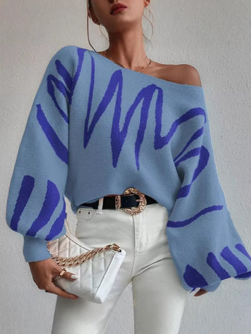 Off Shoulder Abstract Print Pullover Sweater