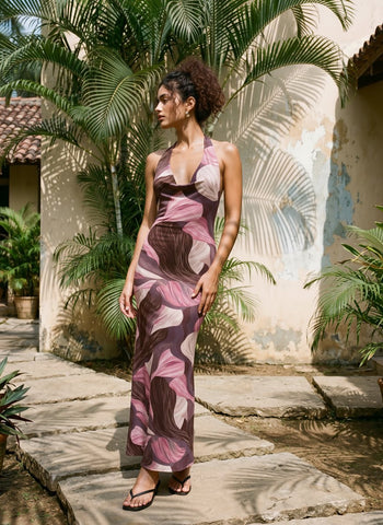 Floral Print Cowl Neck Bodycon Maxi Dress