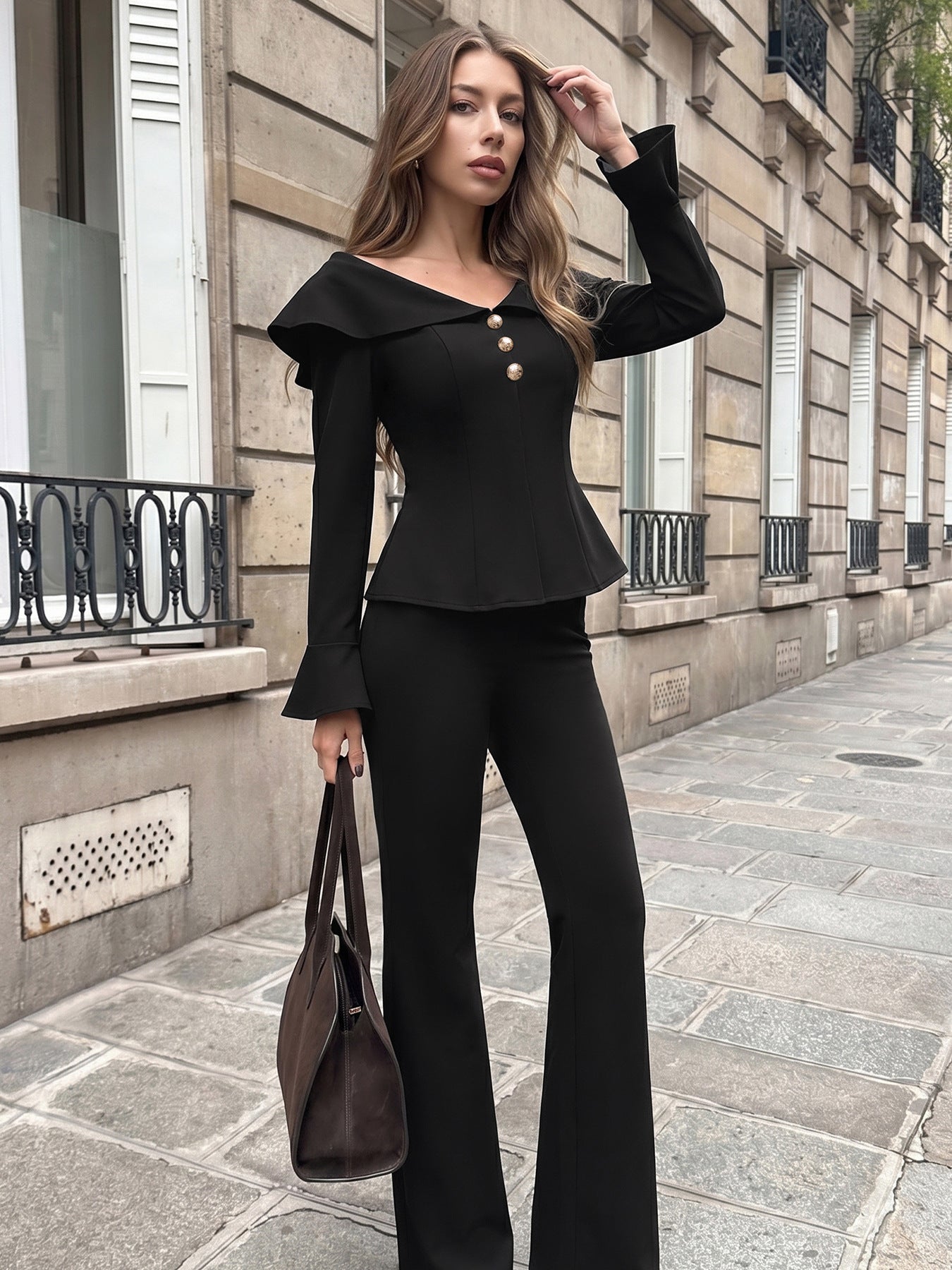 Elegant Off Shoulder Button Pant Set