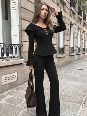 Elegant Off Shoulder Button Pant Set