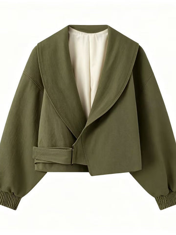 Oversized Collar Belted Cropped Jacket