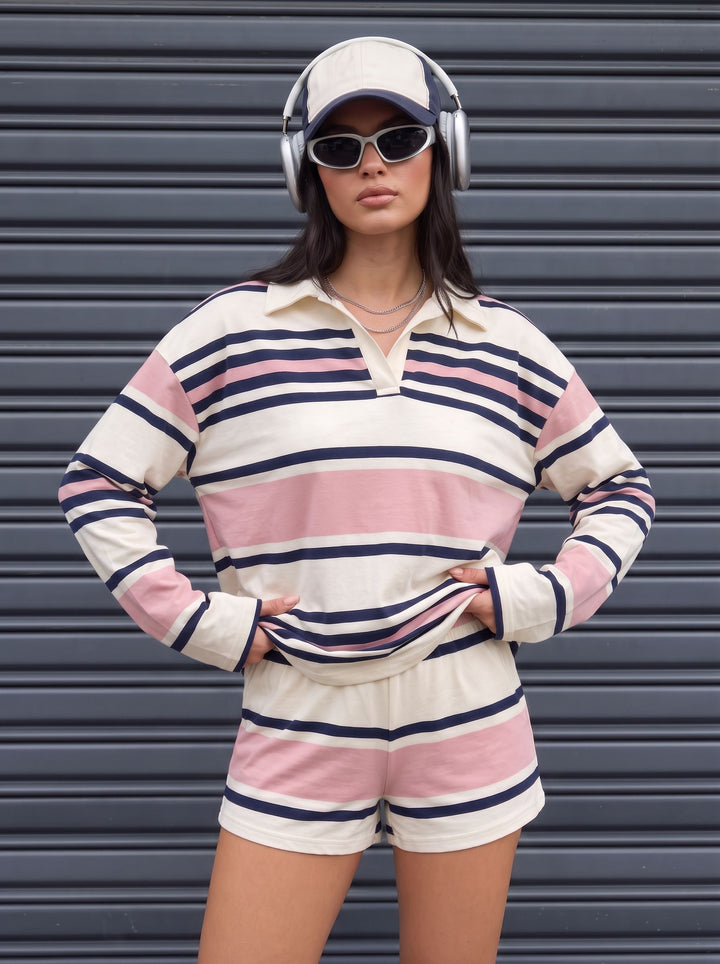Oversized Striped Polo Shorts Set