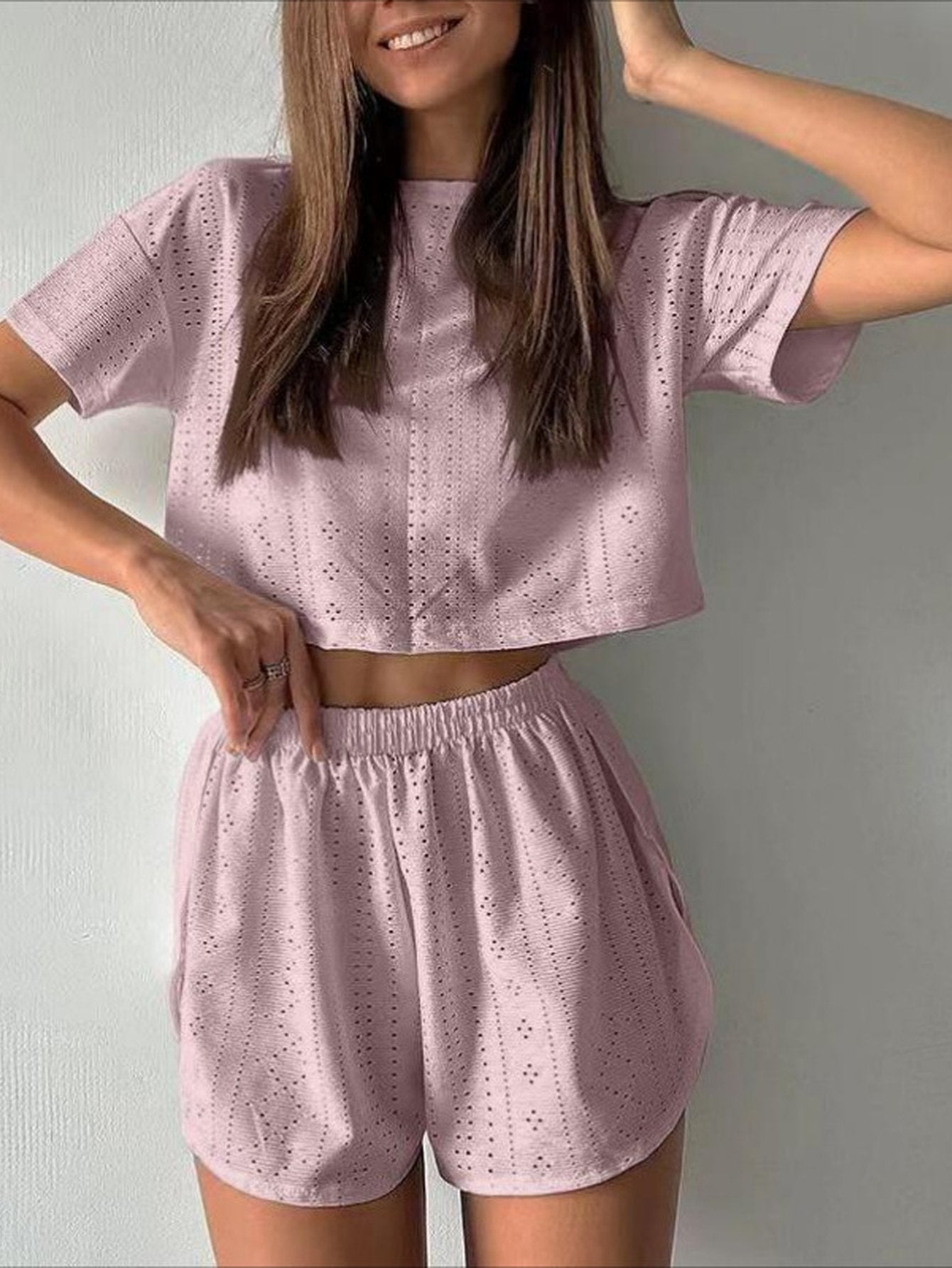 Eyelet Cropped Long Sleeve Lounge Set