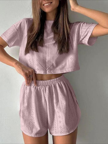 Eyelet Cropped Long Sleeve Lounge Set