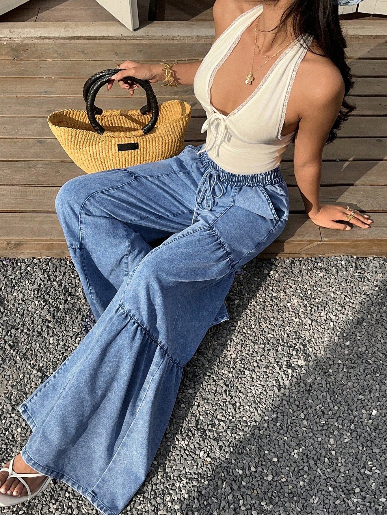 High Waisted Tiered Wide Leg Jeans