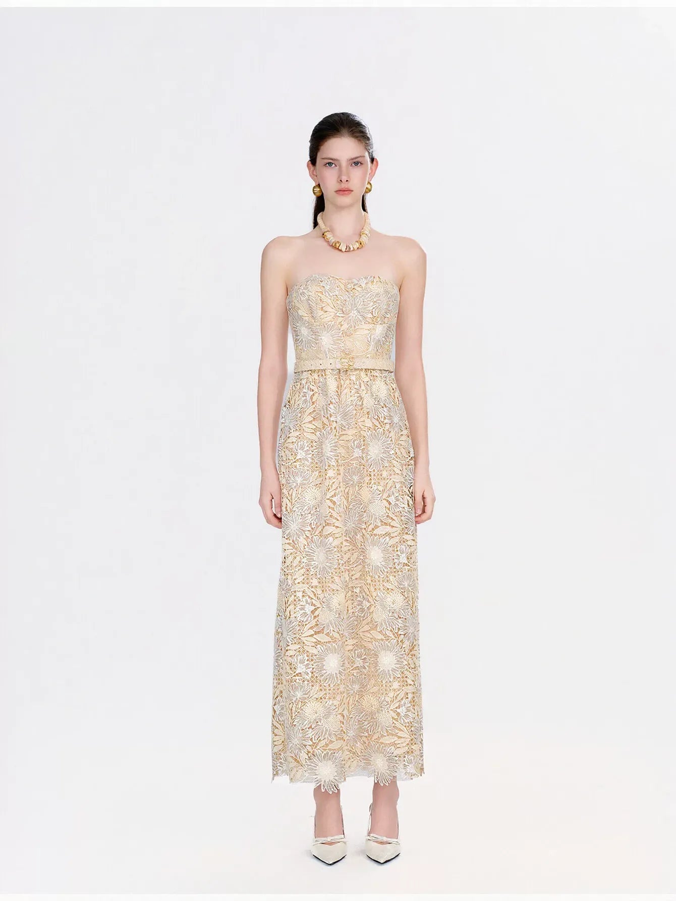 Strapless Floral Lace Belted Maxi Dress